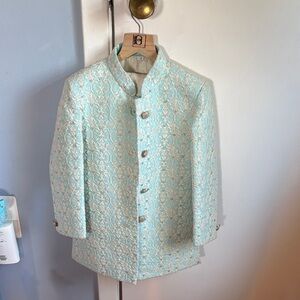 Boys' Light Blue Brocade Sherwani (Coat Jacket and pants)